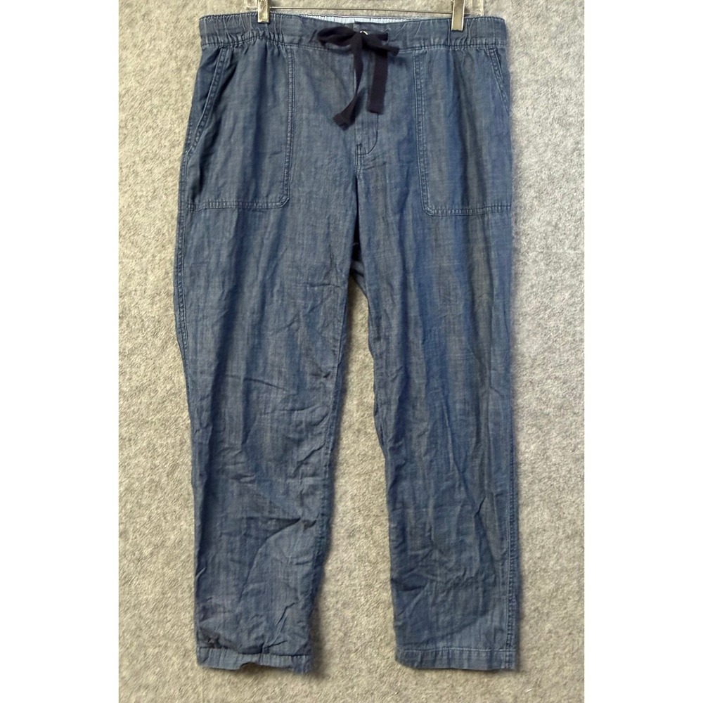 Lands End Linen Blend Drawstring Waist Pants Blue Casual Tapered Leg Women L
